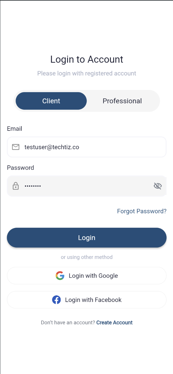 Login screen with Client selected, email and password fields, and Google/Facebook login options