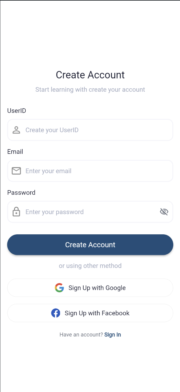Create Account form with User ID, email, and password fields