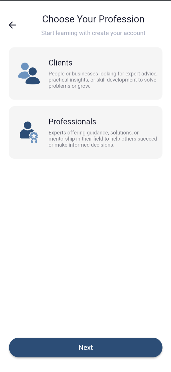 Choose Your Profession screen offering Clients or Professionals account types