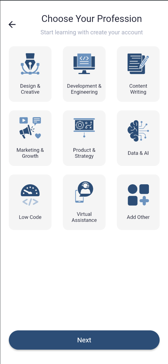 Professional category grid — Design & Creative, Development & Engineering, Content Writing, Marketing & Growth, Product & Strategy, Data & AI, Low Code, Virtual Assistance, and Add Other