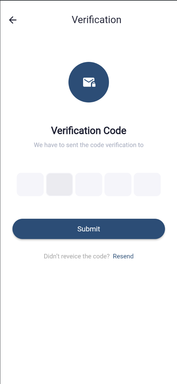 Email verification screen with a 5-digit code entry and resend option