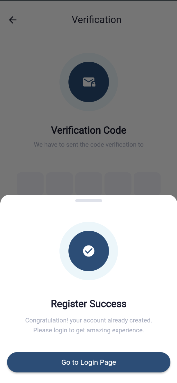 Register Success confirmation modal with a Go to Login Page button