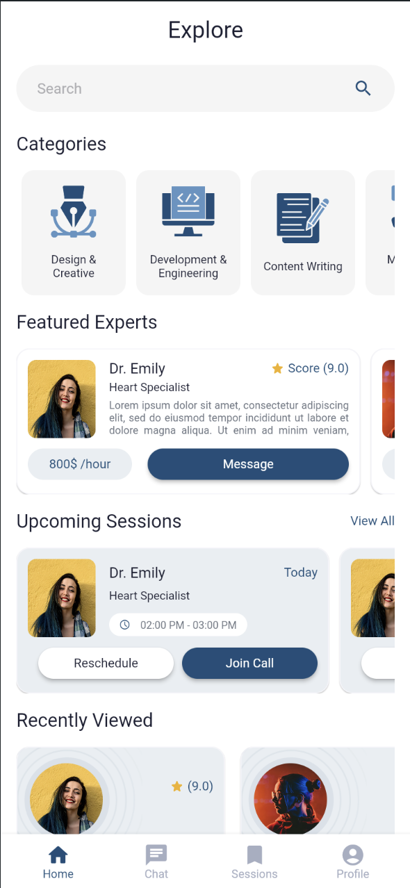 Explore home feed with a search bar, category shortcuts, Featured Experts, Upcoming Sessions, and Recently Viewed rows