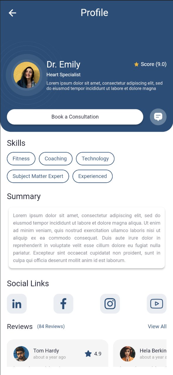 An expert's public profile with rating, Book a Consultation button, skills tags, summary, social links, and reviews