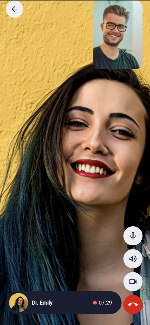 Full-screen video call with a picture-in-picture self view and mic/speaker/camera/end-call controls