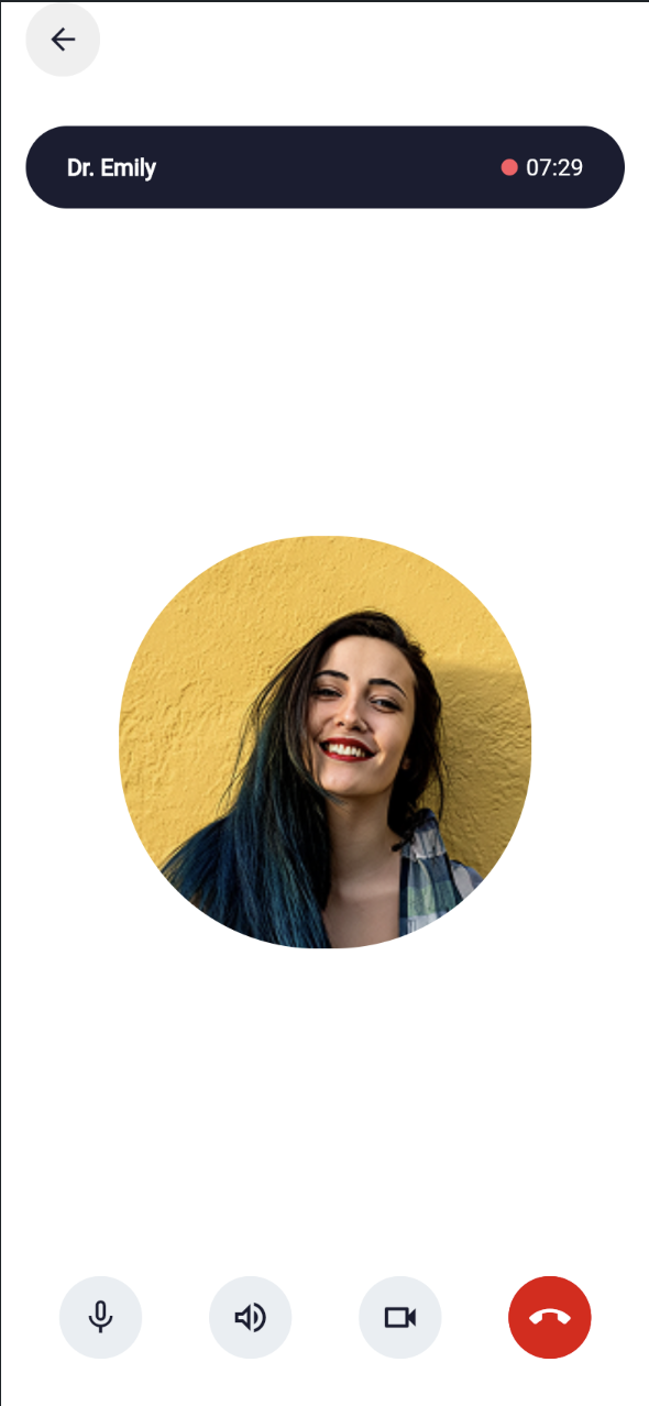 Active voice/video call screen with a circular avatar, call timer, and control buttons