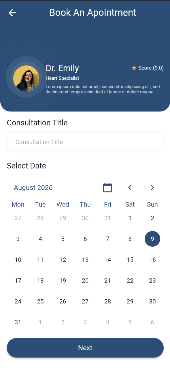 Book An Appointment screen with the expert summary and a month calendar for selecting a date