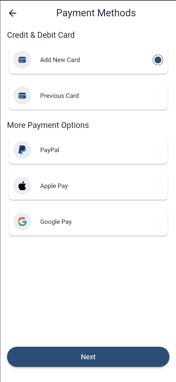 Payment Methods screen listing saved cards plus PayPal, Apple Pay, and Google Pay options