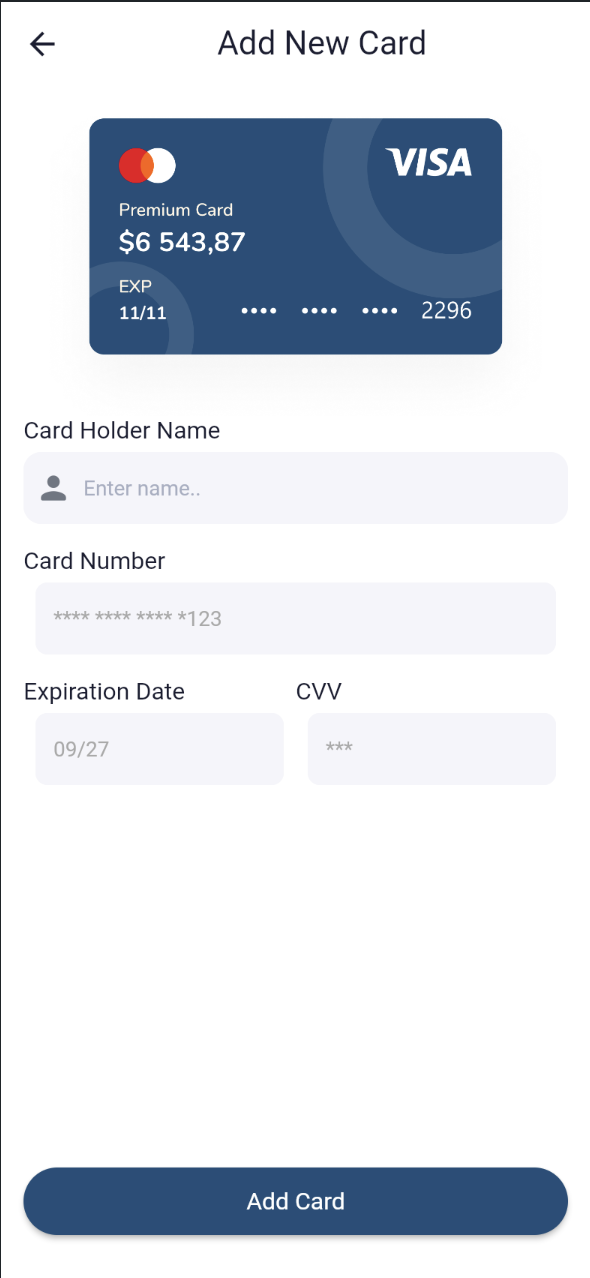 Add New Card form with a live card preview and cardholder name, number, expiration, and CVV fields
