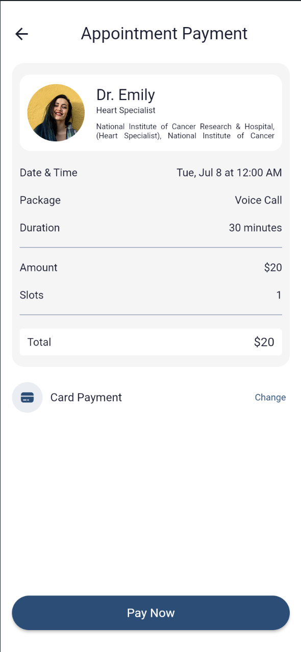 Appointment Payment summary showing the expert, date and time, package, duration, and total amount due