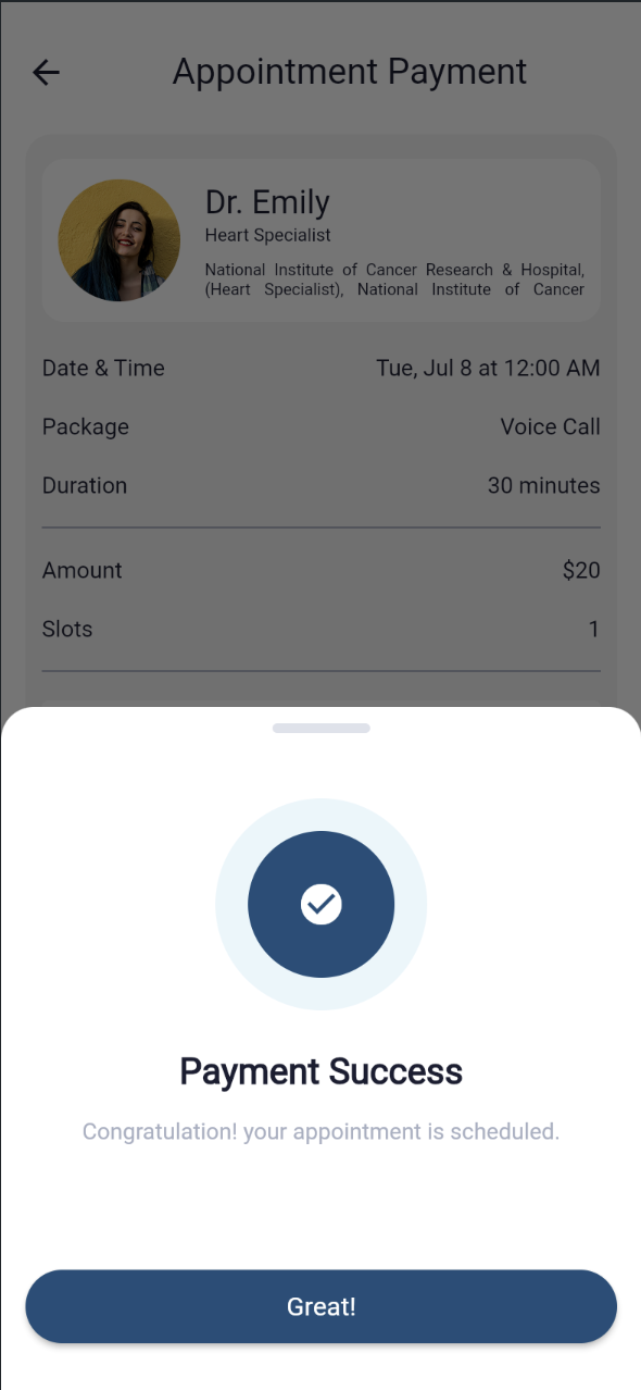 Payment Success confirmation modal stating the appointment is scheduled