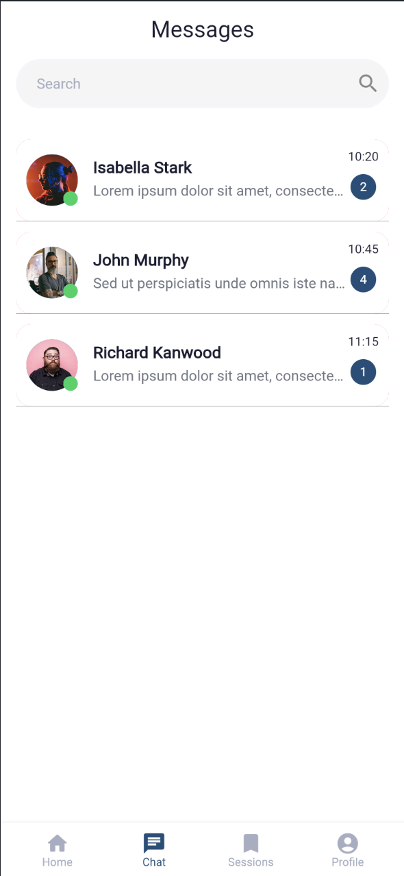 Messages inbox listing conversations with unread-count badges