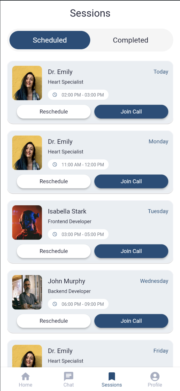 Sessions screen on the Scheduled tab, listing upcoming sessions with Reschedule and Join Call buttons