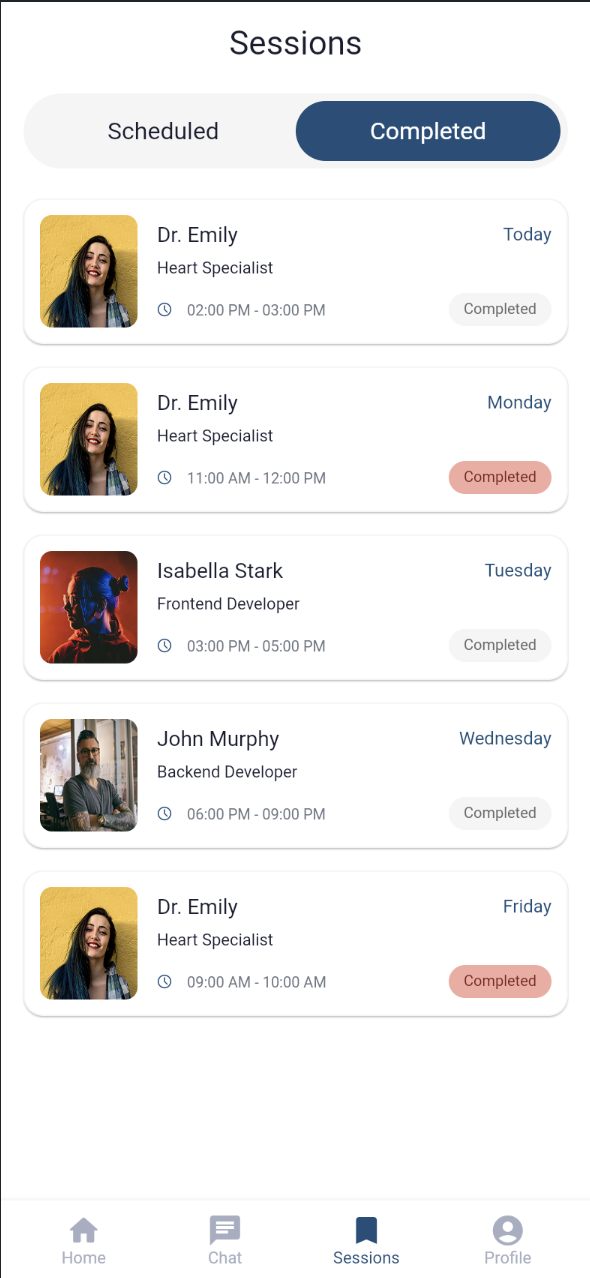 Sessions screen on the Completed tab, listing past sessions with a Completed status pill