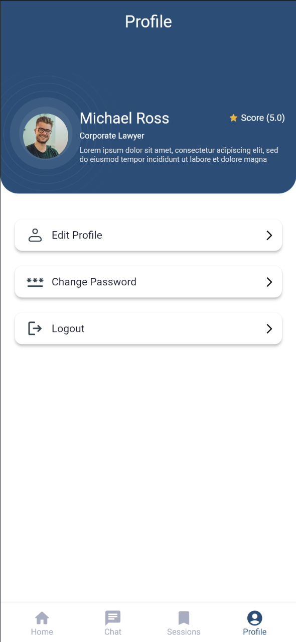 Own-profile screen with Edit Profile, Change Password, and Logout menu rows