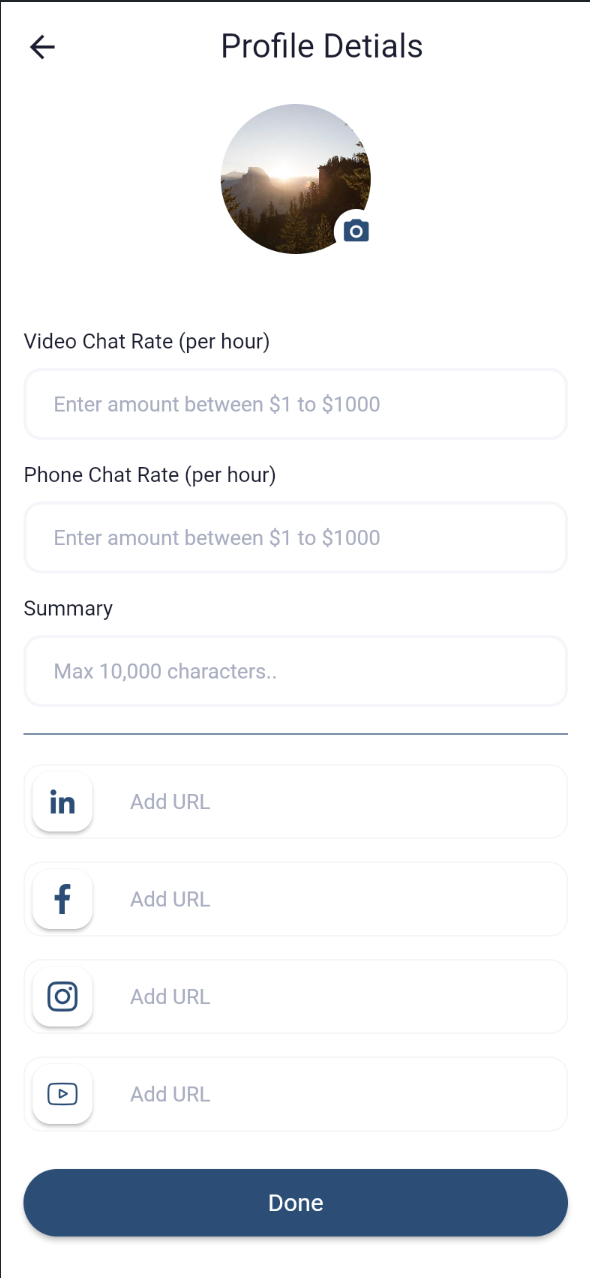 Profile Details editor for a professional, with video/phone chat hourly rates, a summary field, and social link fields