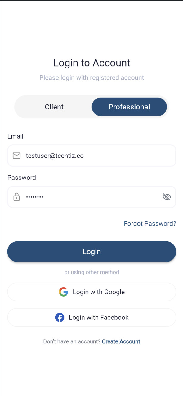 Login screen with Professional selected