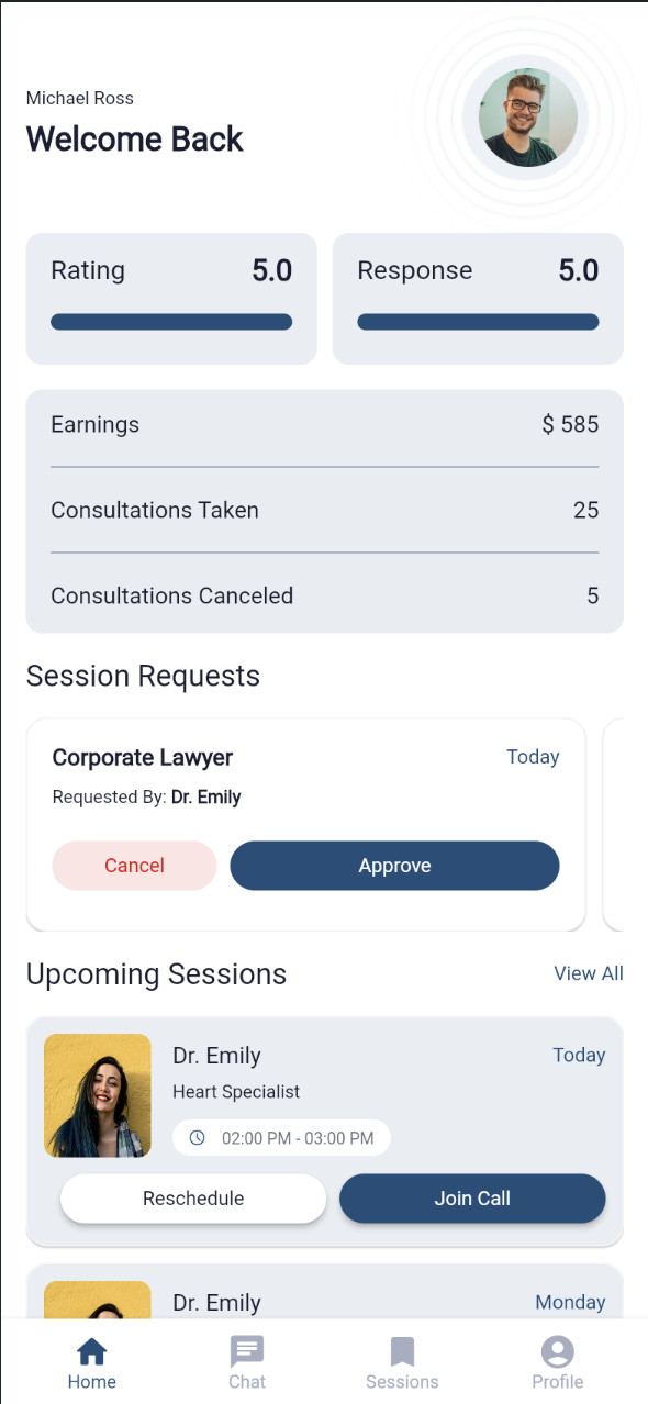 Professional home dashboard with rating and response scores, earnings and consultation stats, a pending session request to approve, and upcoming sessions