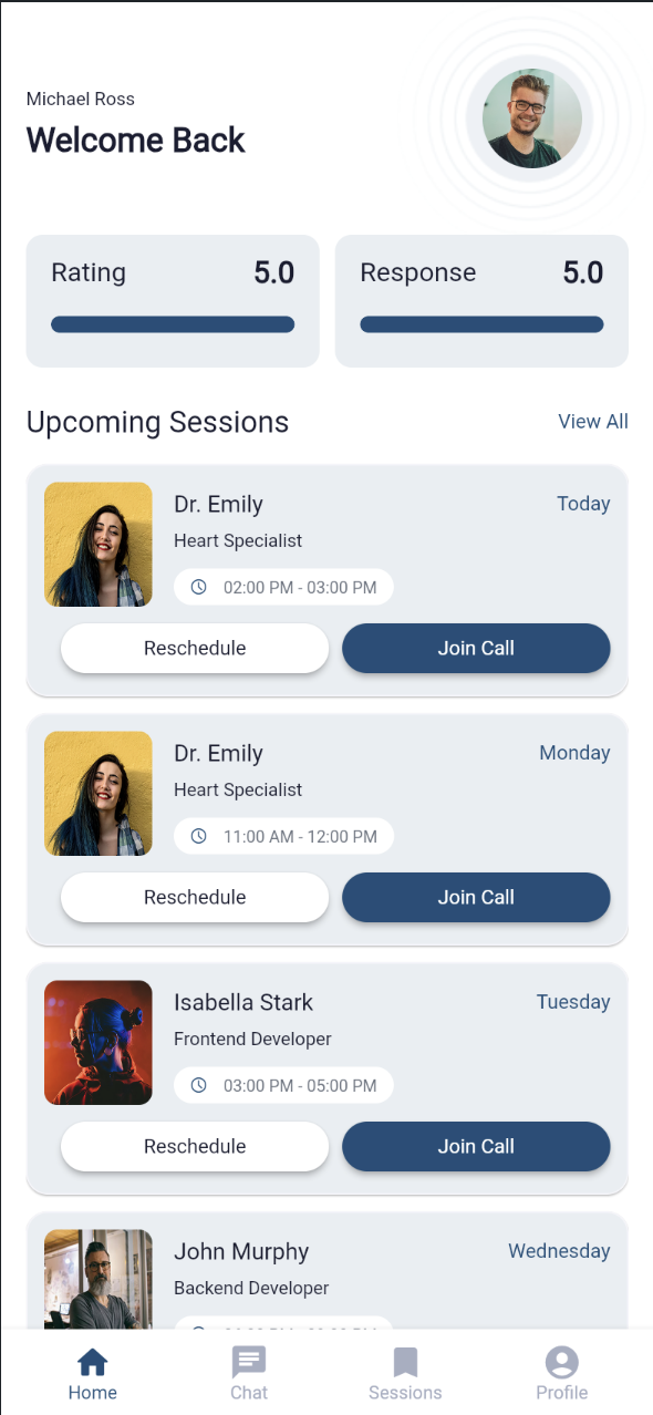 Professional home dashboard scrolled to the Upcoming Sessions list