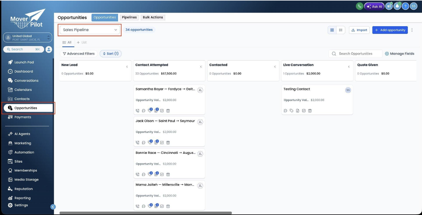 Go High Level Sales Pipeline board showing leads moving through New Lead, Contact Attempted, Contacted, Live Conversation, and Quote Given stages