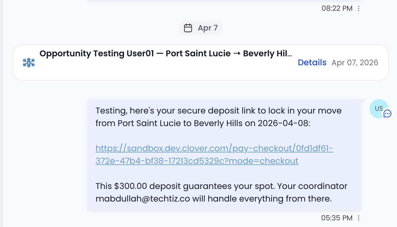 Automated deposit-link SMS thread confirming the $300 deposit and assigned move coordinator