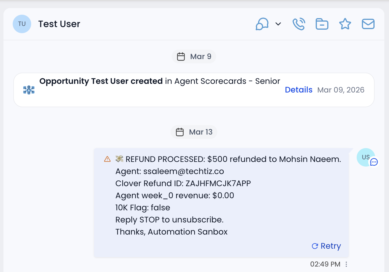 Automated refund-processed notification posted to the contact timeline, logging the Clover refund ID and agent revenue impact
