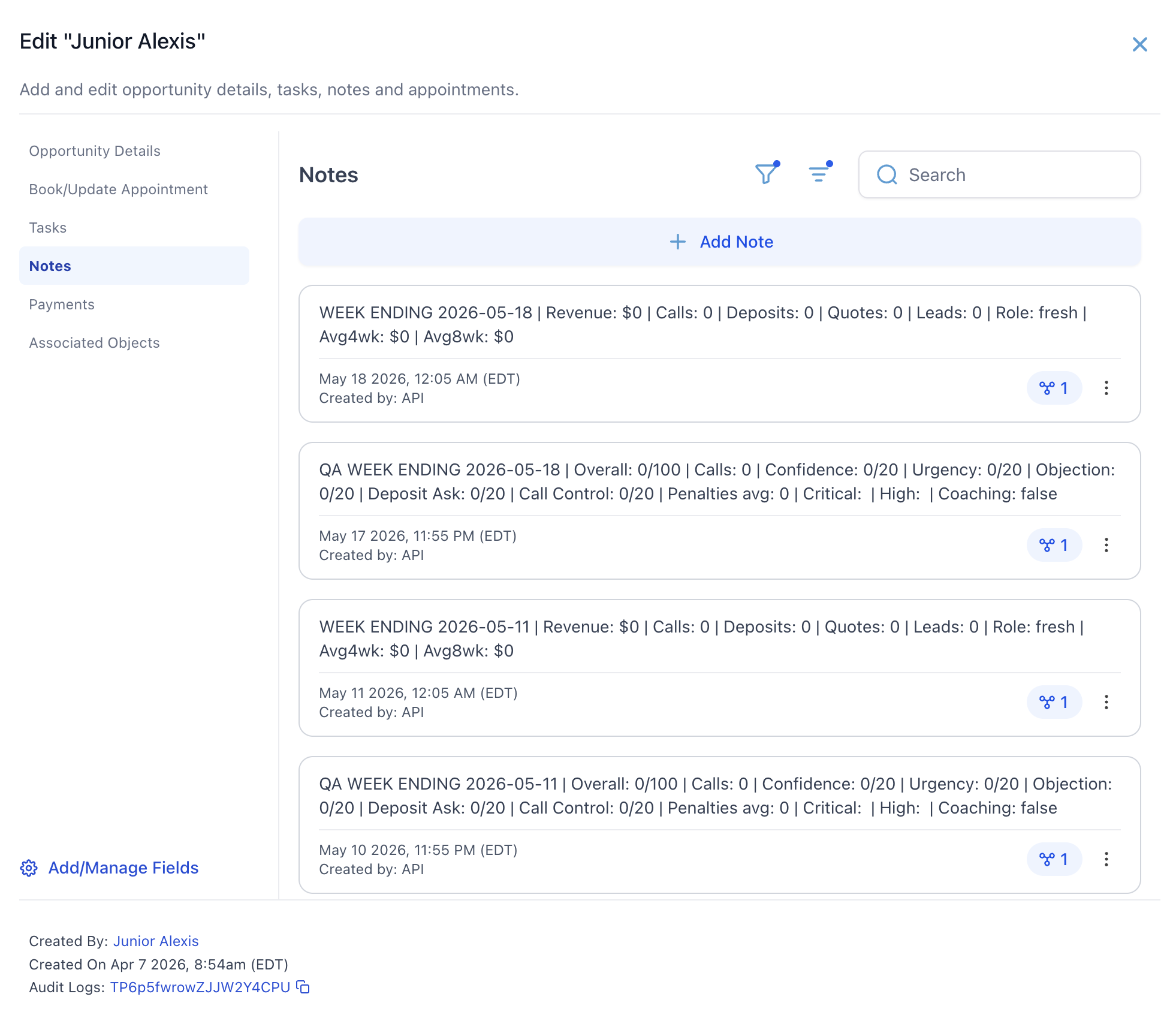Automated weekly revenue and QA score notes written to an agent’s opportunity record by the rollup workflow