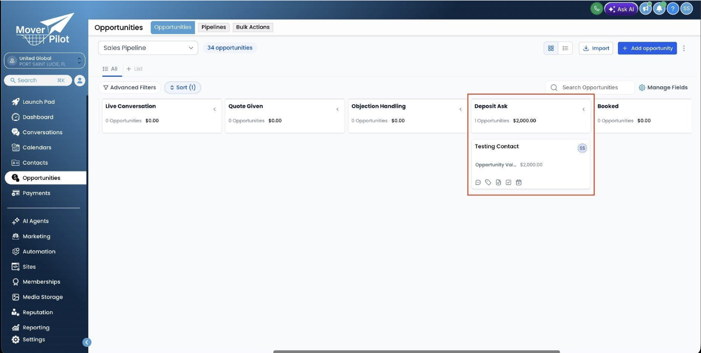 Go High Level Sales Pipeline board scrolled to the Deposit Ask and Booked stages