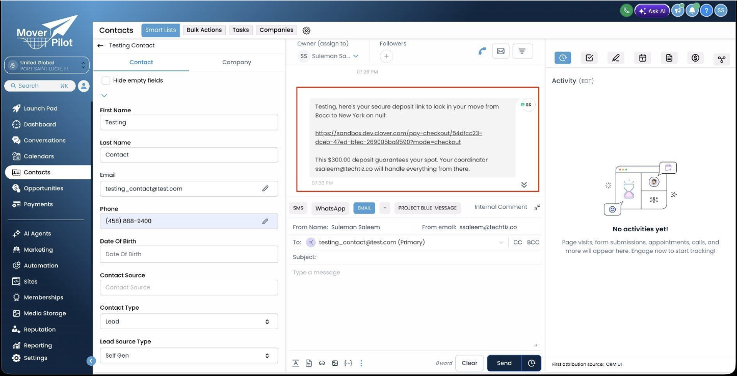 Go High Level contact detail view with an automated deposit-link email logged in the conversation thread