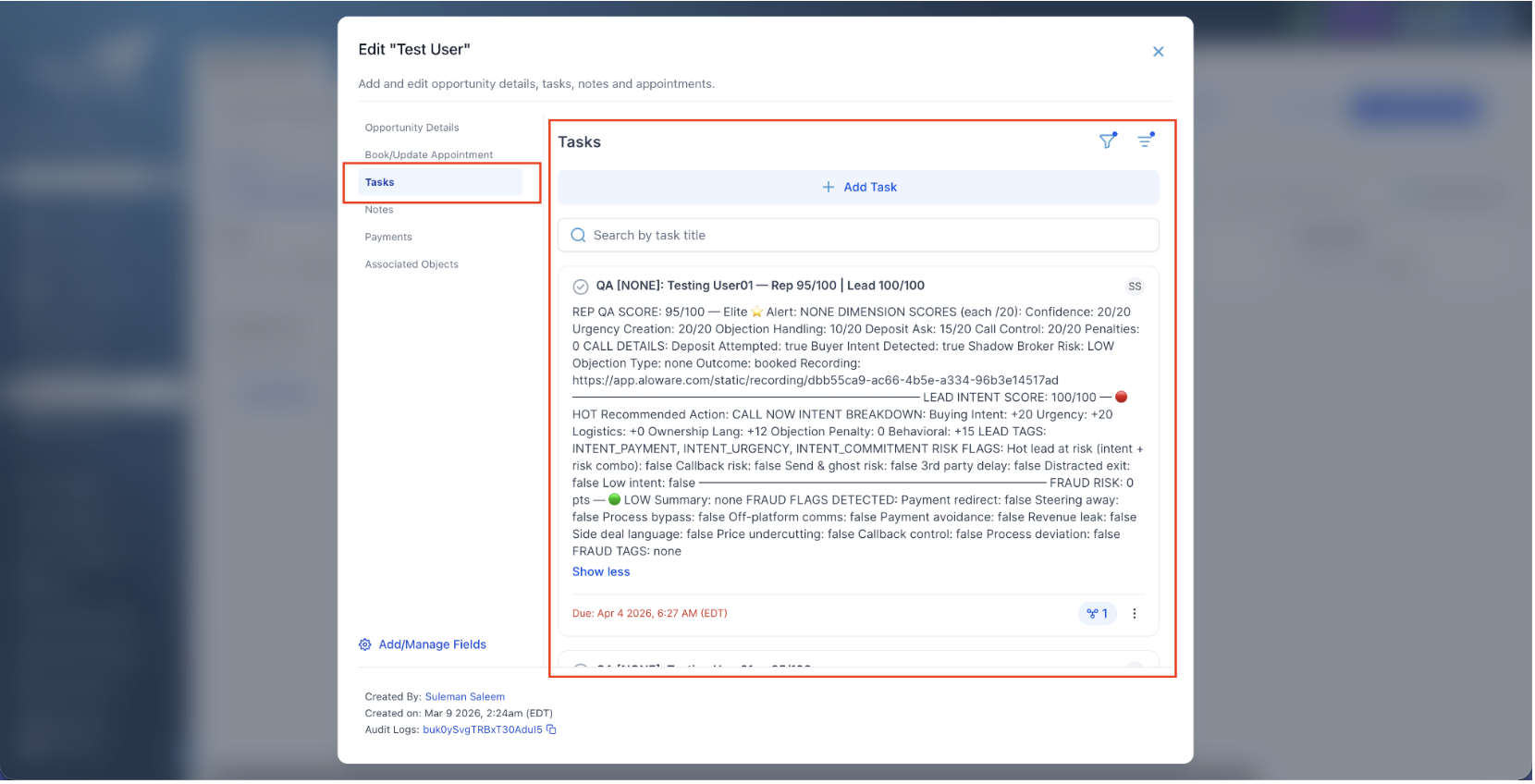 An automated QA scorecard task showing the call-scoring breakdown — confidence, urgency, objection handling, deposit ask, call control, and fraud-risk flags