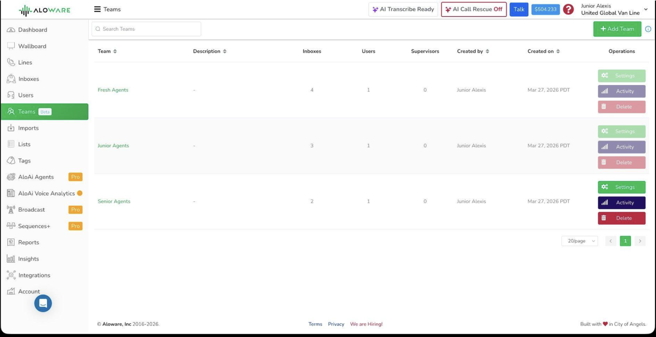 Aloware Teams list showing the Fresh, Junior, and Senior Agents teams with inbox and user counts