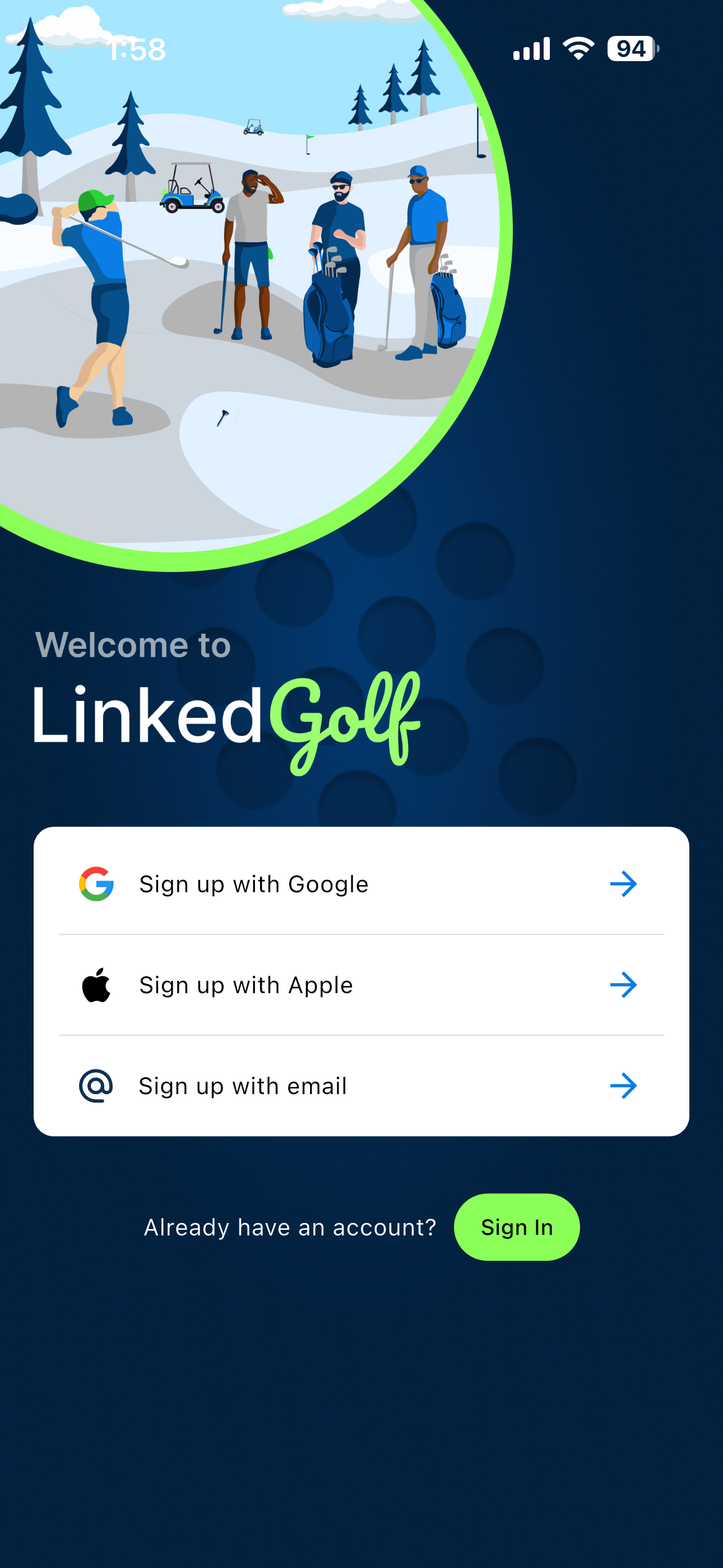 Welcome screen with a golf course illustration and sign up with Google, Apple, or email options