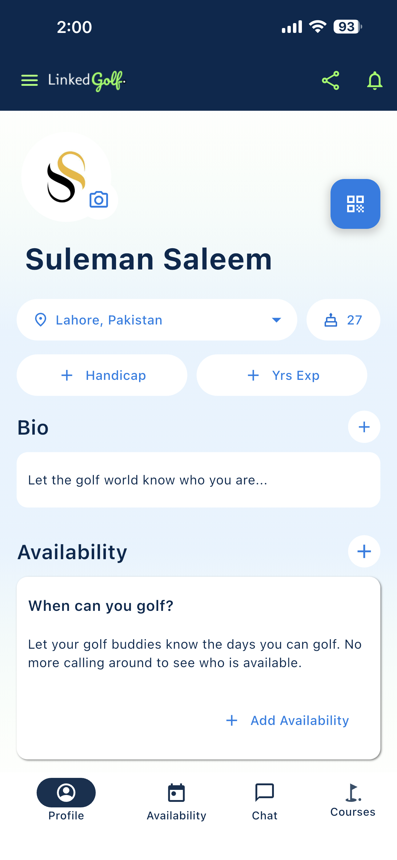 User profile screen with name, location, age, bio, and availability sections