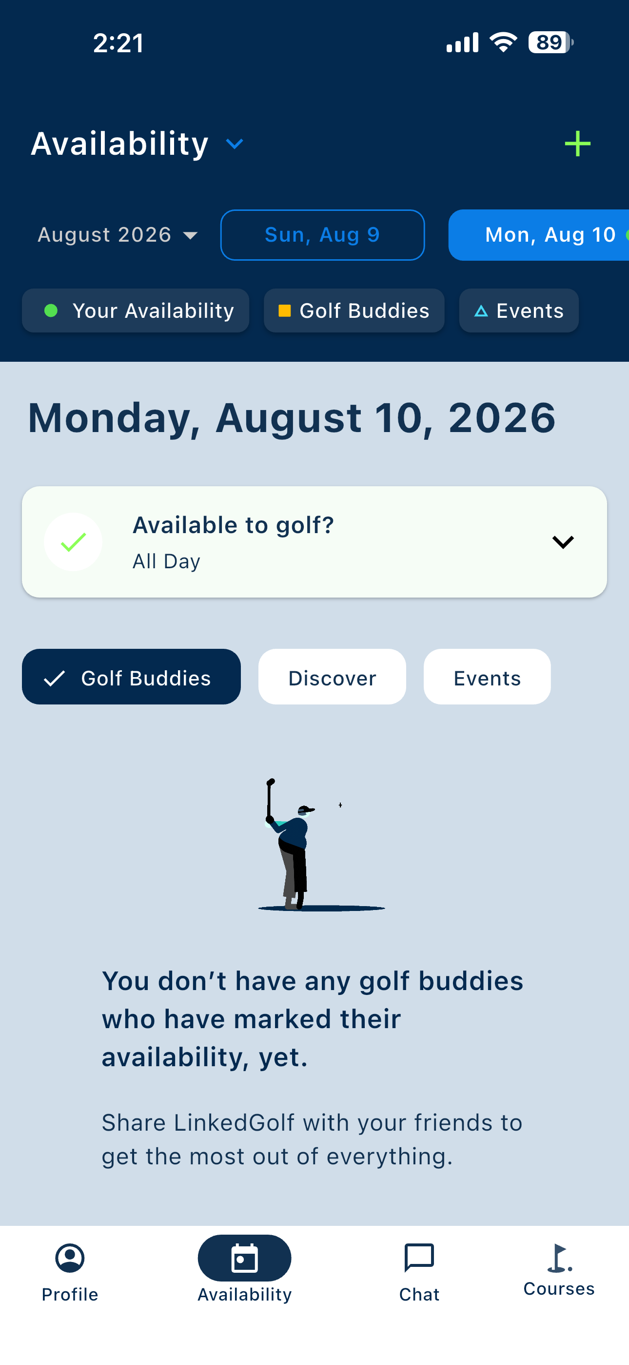 Availability screen for a selected day showing an empty golf buddies state and a prompt to invite friends