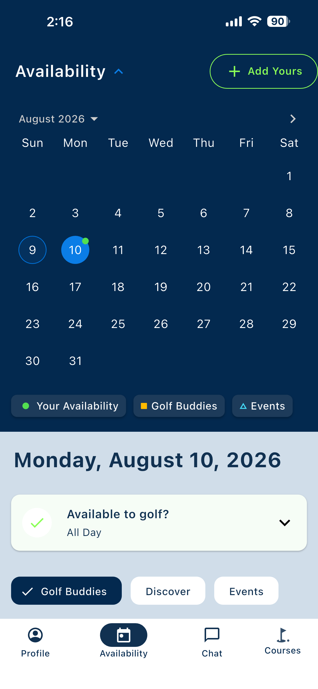Availability calendar for August 2026 with a marked available day