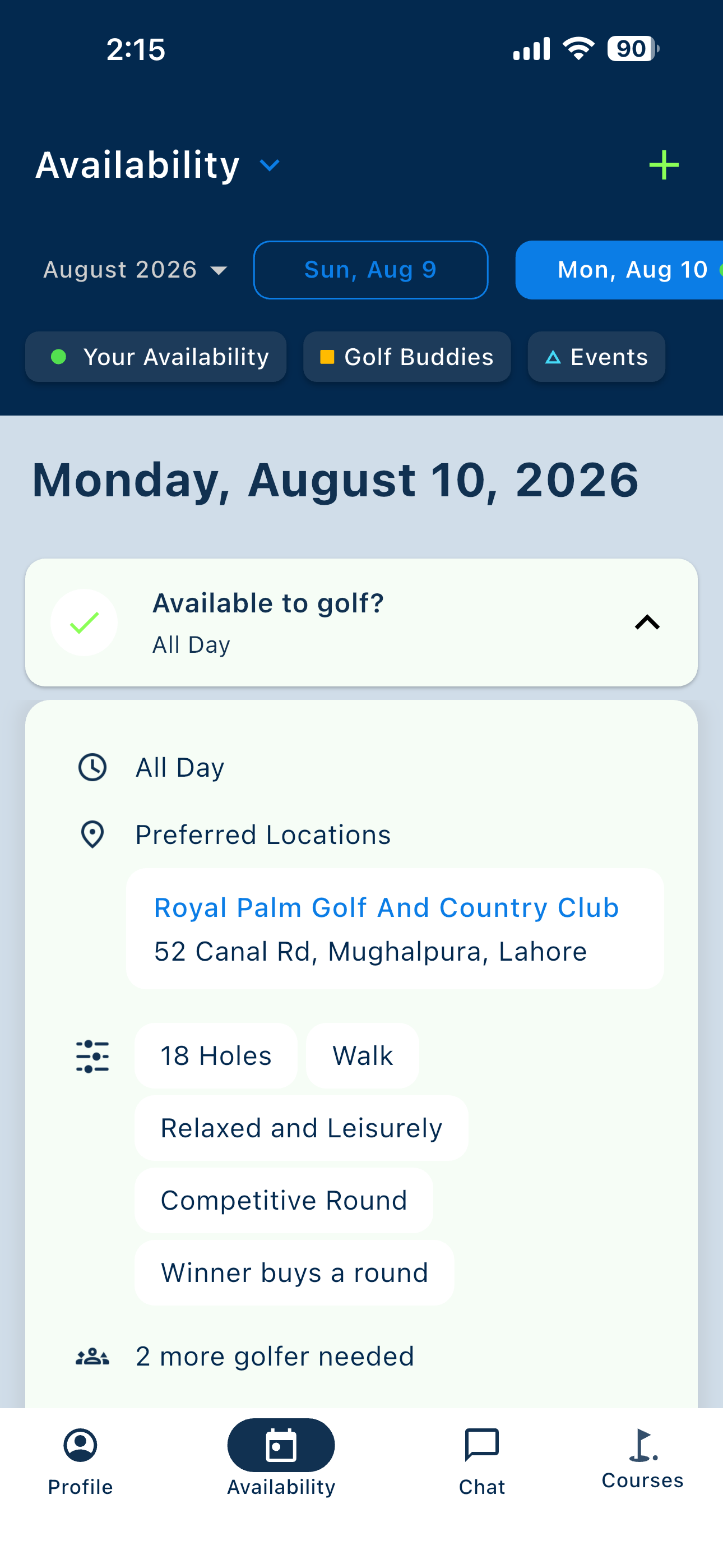 Availability detail panel with preferred golf course, round format tags, and golfers needed