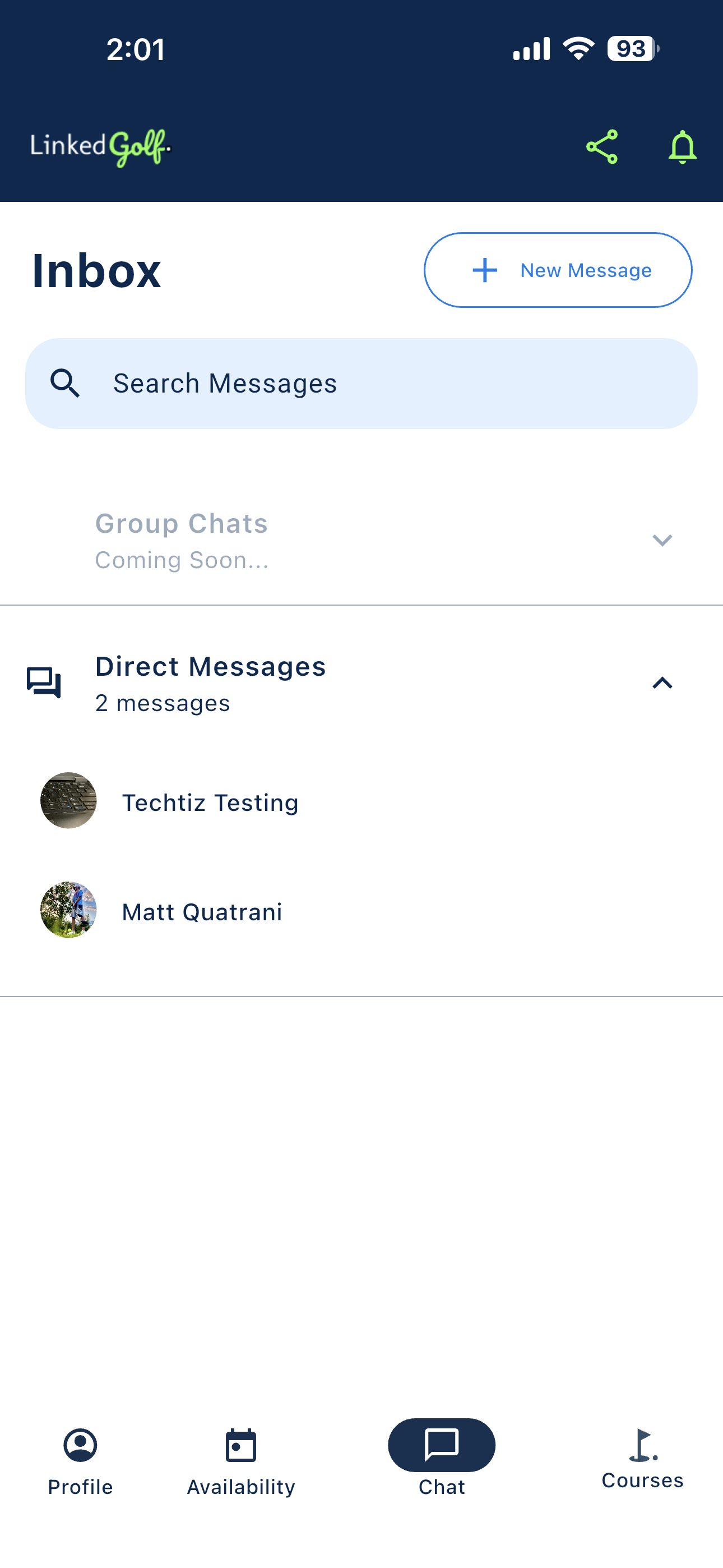 Chat inbox with direct messages and a group chats coming soon section