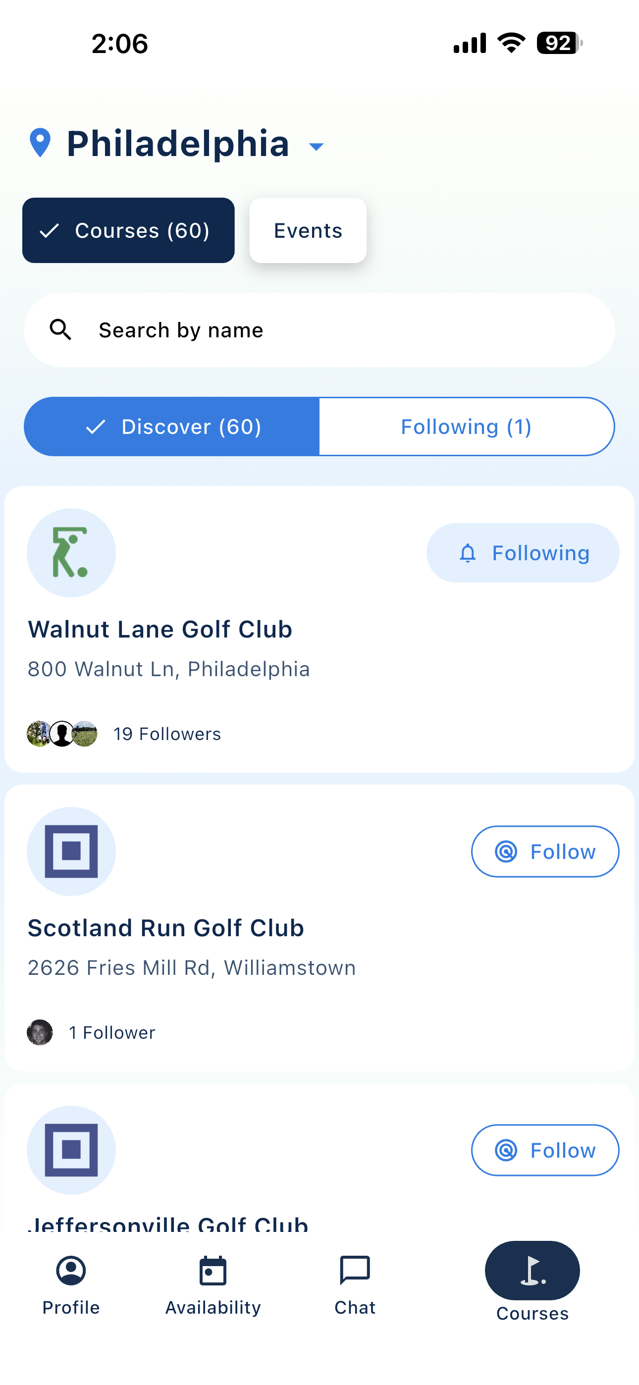 Courses discover list for Philadelphia with nearby golf clubs and follower counts