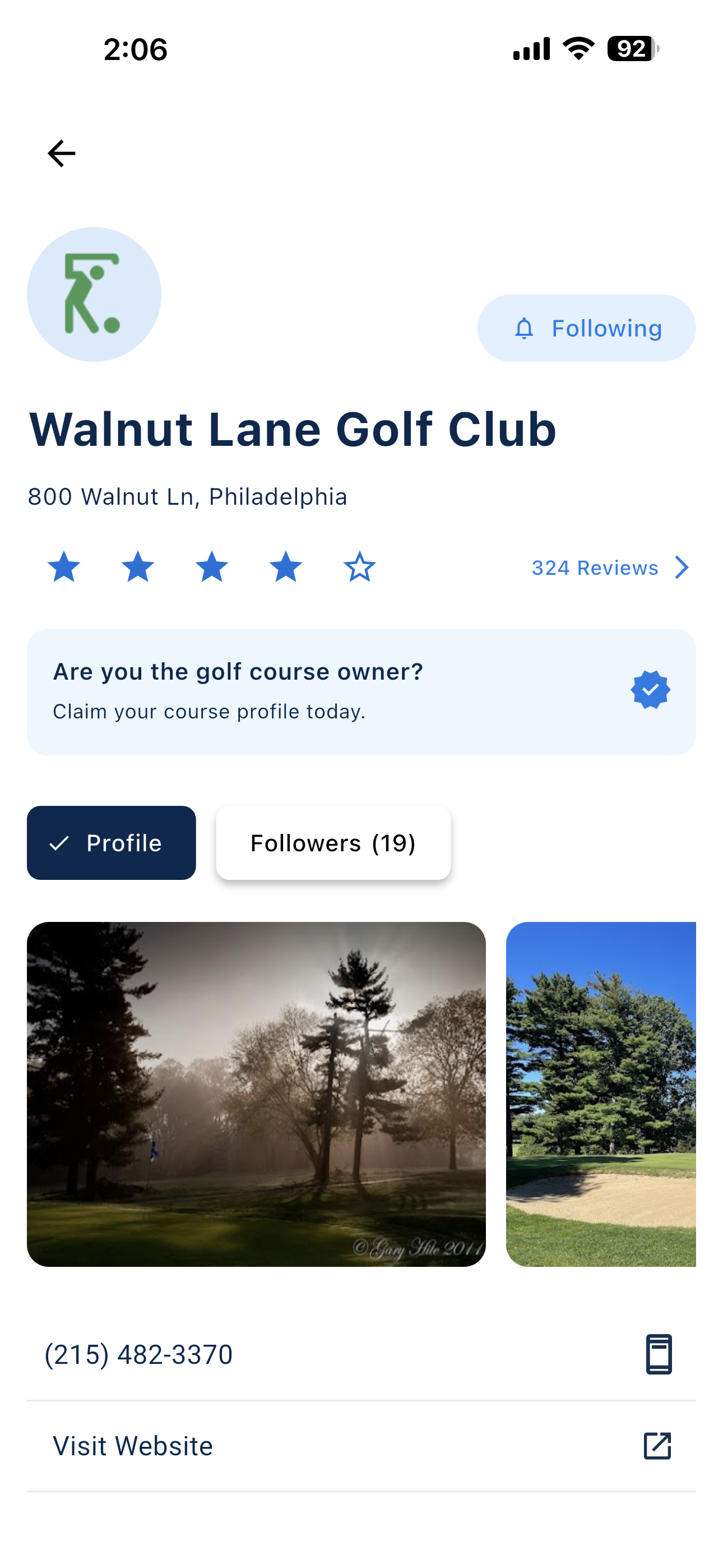 Golf course profile page with ratings, reviews, photos, and contact details