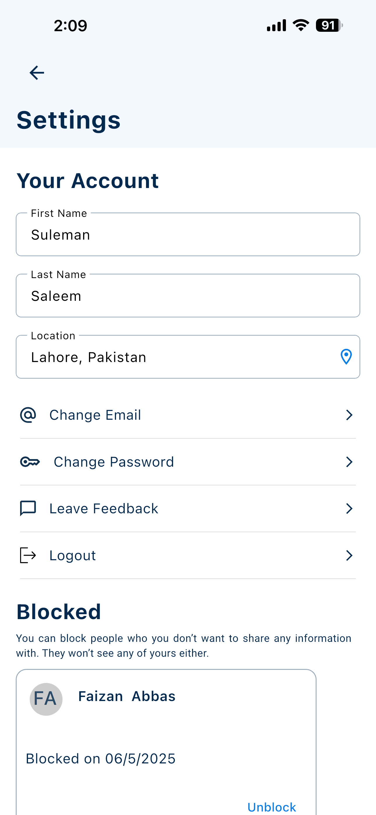 Account settings screen with name, location, and a blocked users list