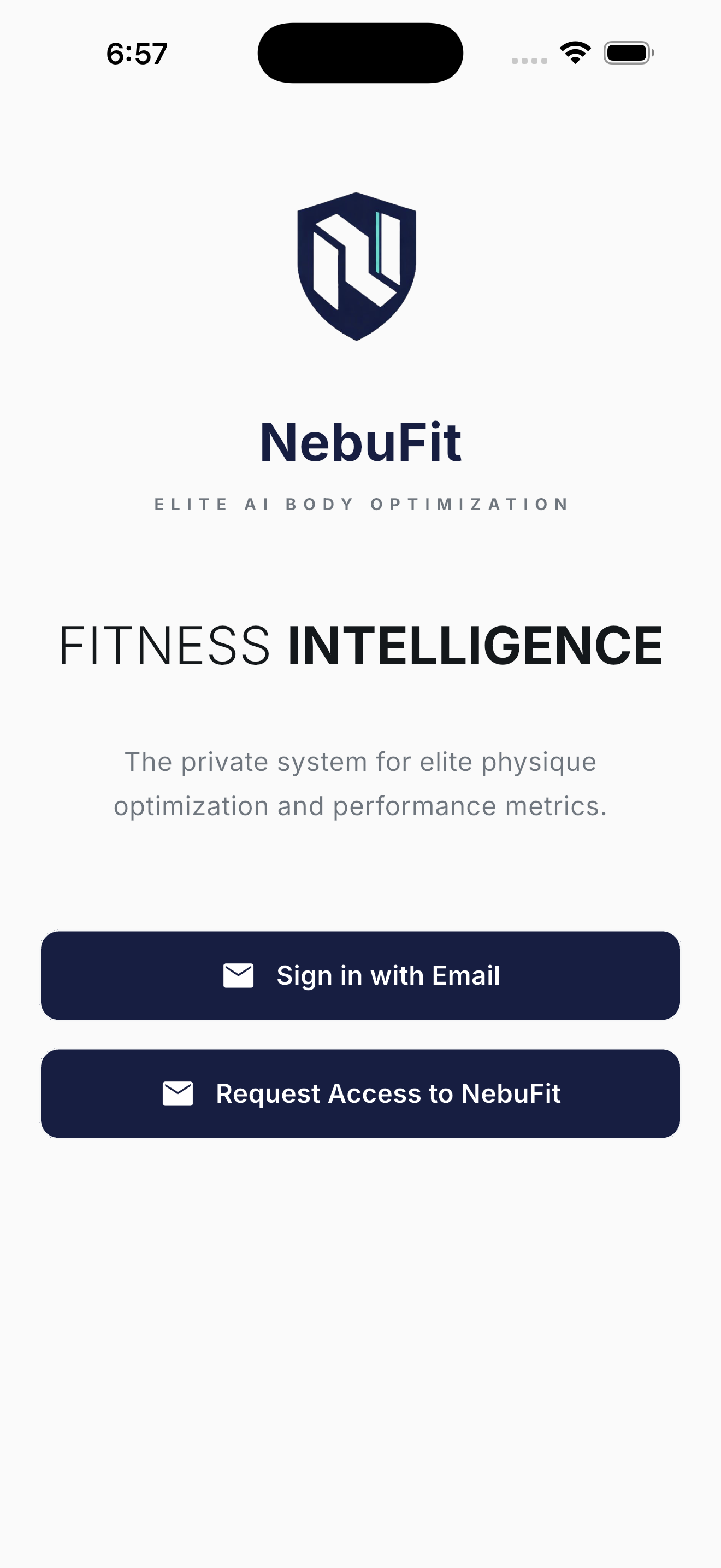 NebuFit sign-in screen with the app logo and "Elite AI Body Optimization" tagline