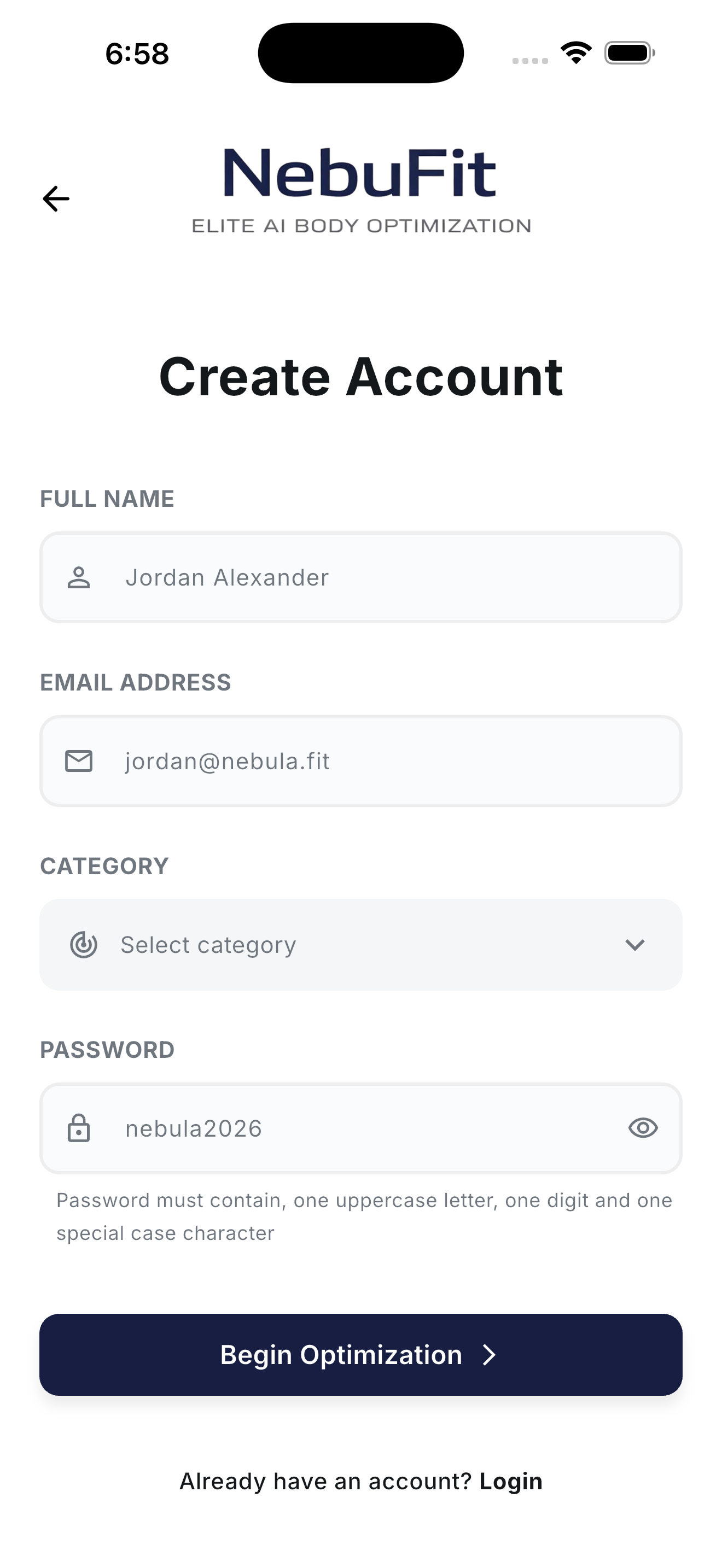 Create account form with full name, email, category, and password fields