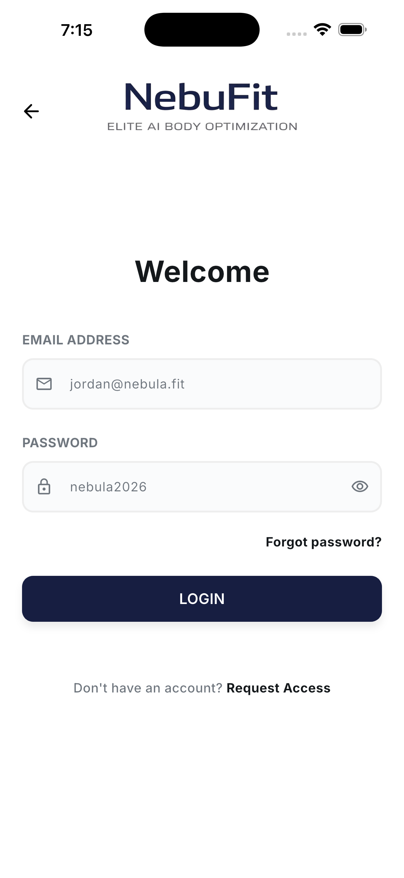 Login screen with email and password fields