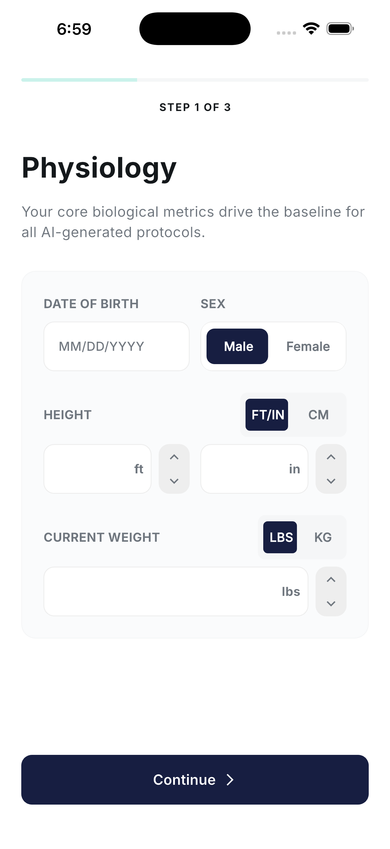 Onboarding step 1 of 3, Physiology, collecting date of birth, sex, height, and weight
