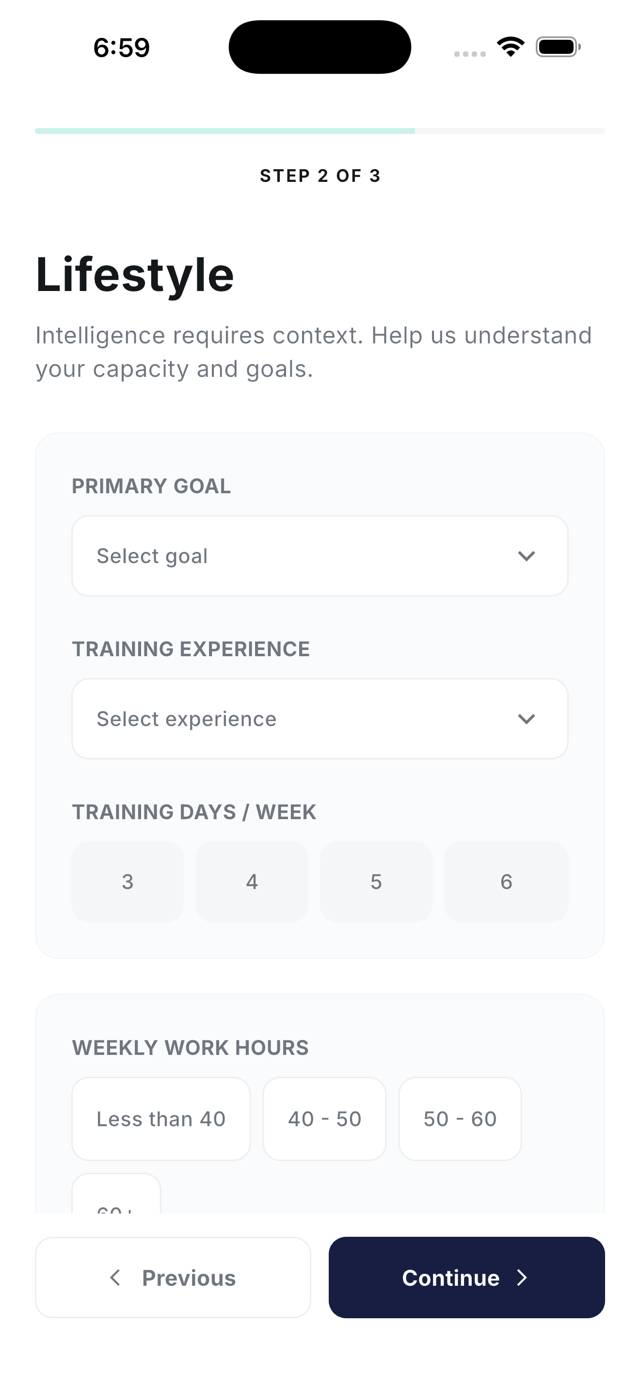 Onboarding step 2 of 3, Lifestyle, selecting primary goal, training experience, and training days per week