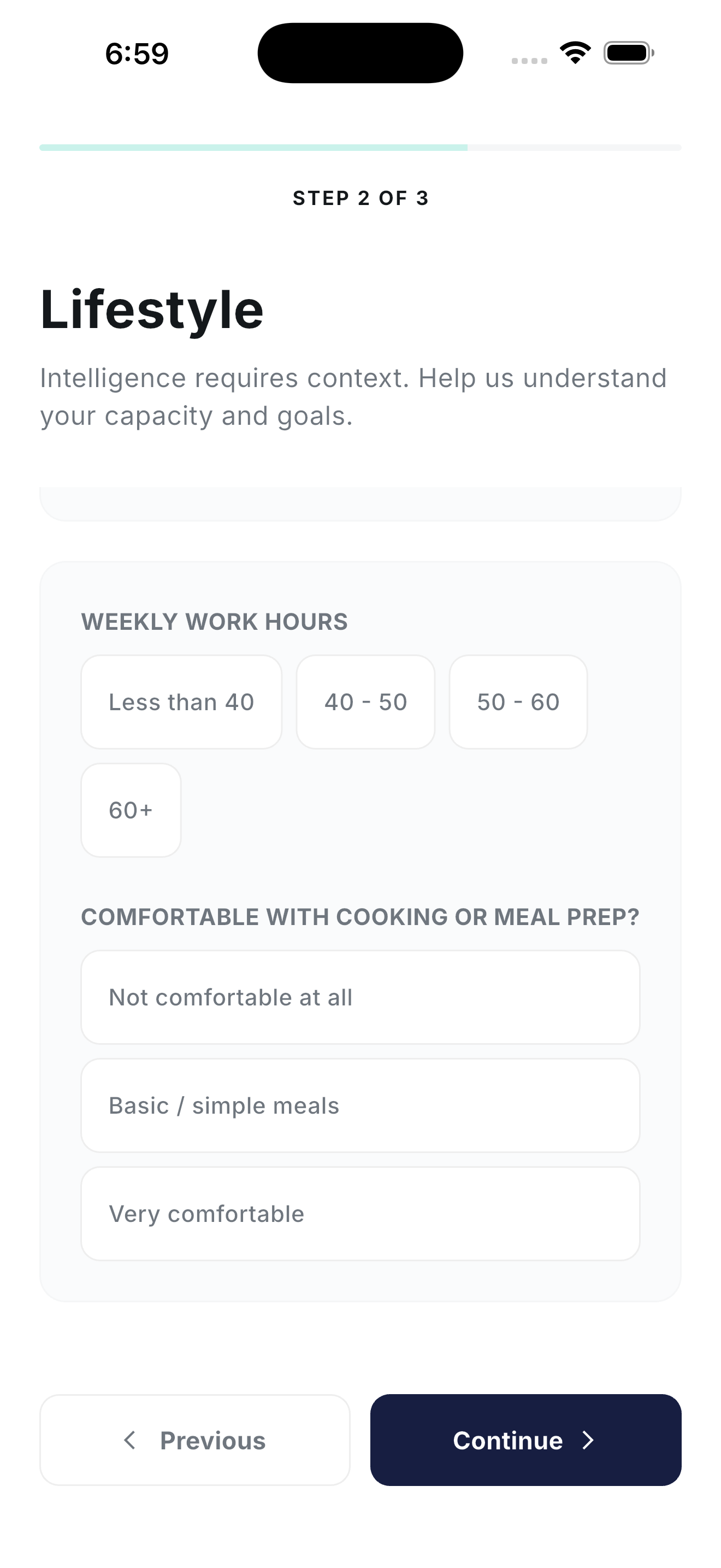 Onboarding step 2 continued, selecting weekly work hours and comfort with cooking or meal prep