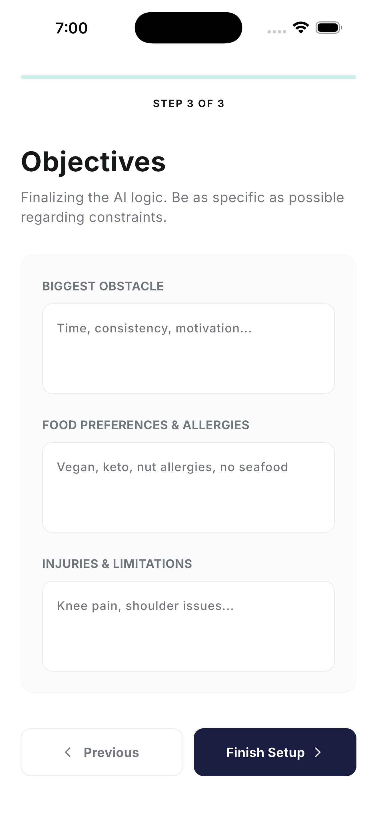 Onboarding step 3 of 3, Objectives, capturing biggest obstacle, food preferences and allergies, and injuries or limitations