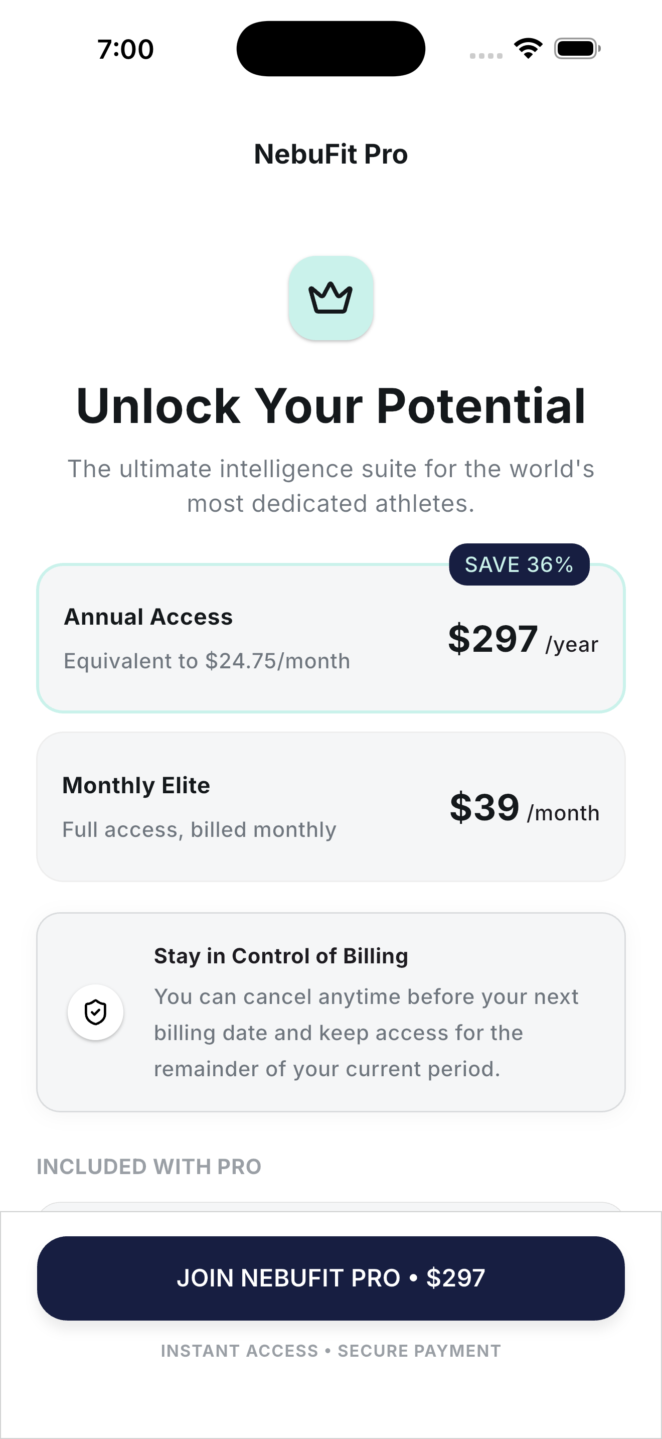 NebuFit Pro paywall with annual and monthly pricing plans