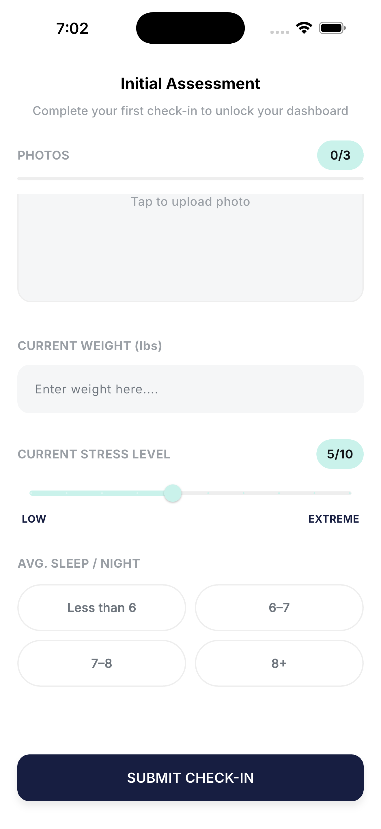 Initial assessment screen for current weight, stress level, and average sleep per night