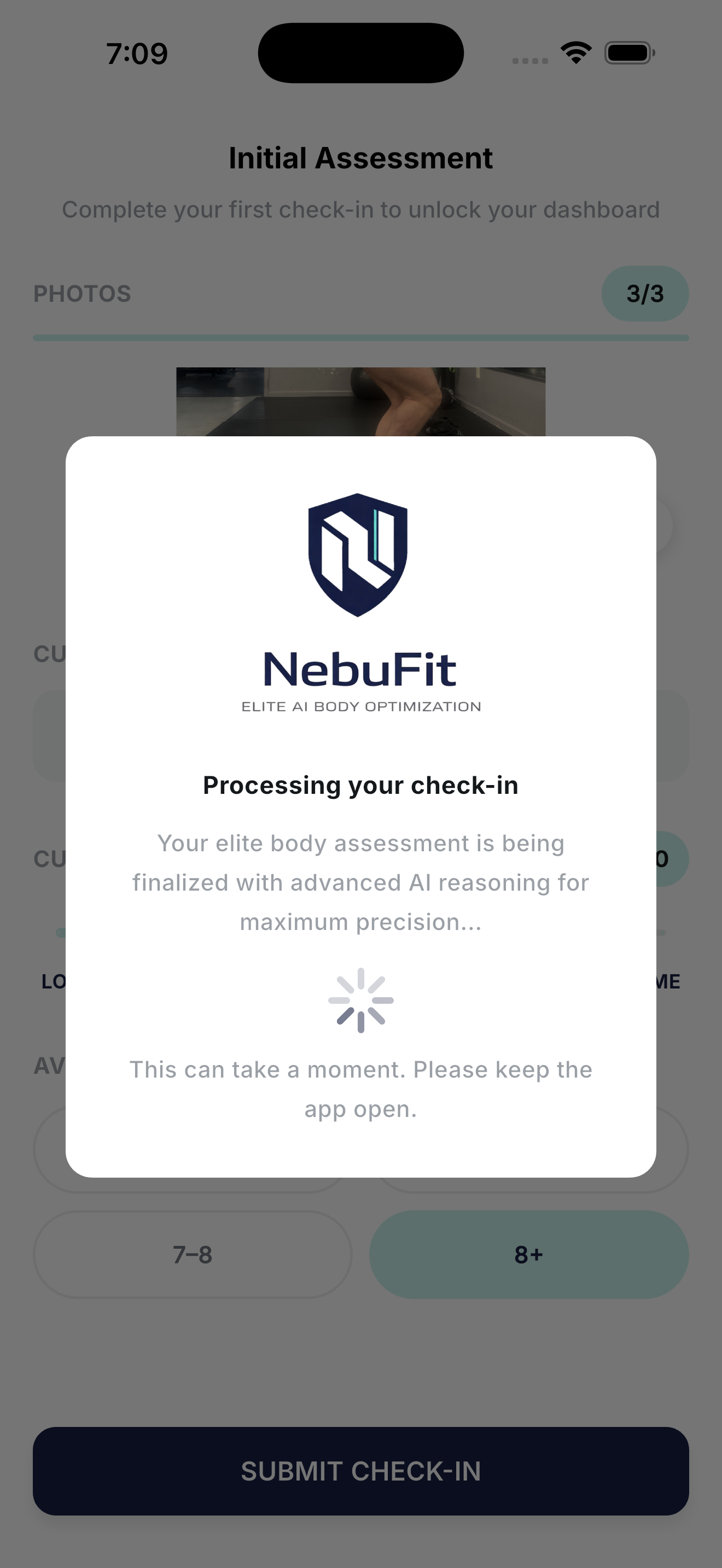 Processing modal shown while the AI finalizes the initial body assessment
